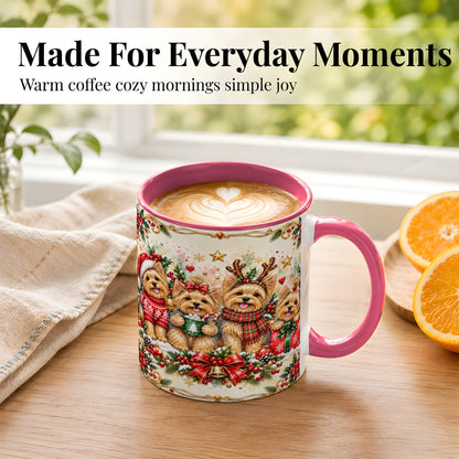 #pl[11oz|Pink] Christmas Yorkie Coffee Mug, Winter Puppy Mug, Ceramic Cup