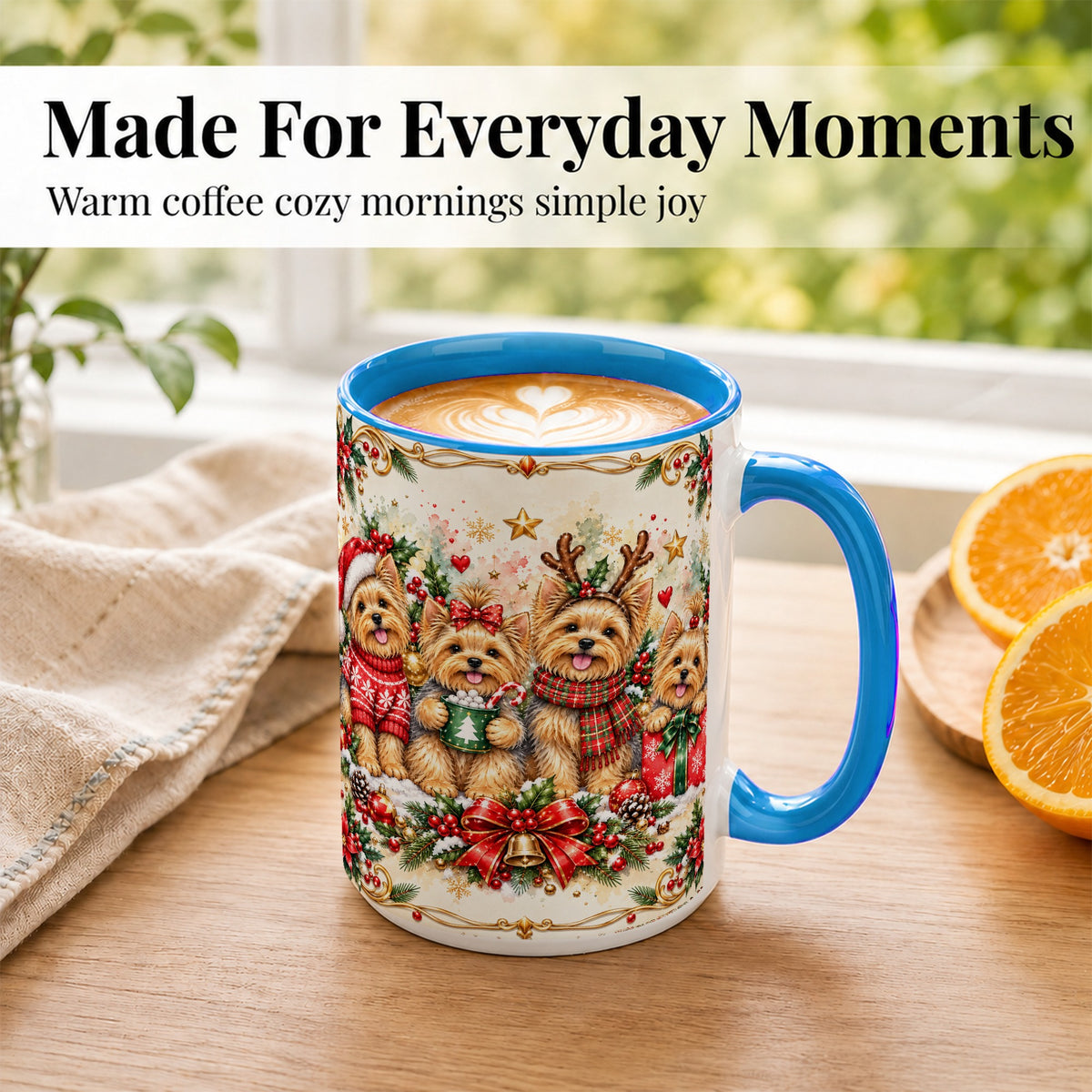 #pl[15oz|Blue] Christmas Yorkie Coffee Mug, Winter Puppy Mug, Ceramic Cup