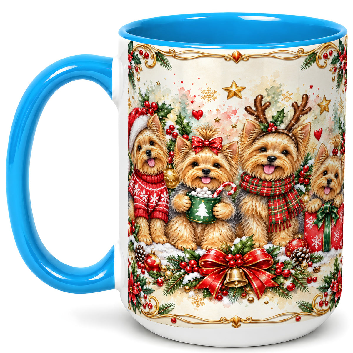 #pl[15oz|Blue] Christmas Yorkie Coffee Mug, Winter Puppy Mug, Ceramic Cup