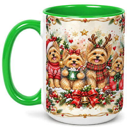 #pl[15oz|Green] Christmas Yorkie Coffee Mug, Winter Puppy Mug, Ceramic Cup
