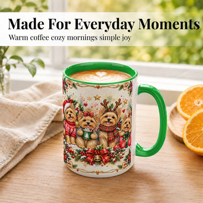 #pl[15oz|Green] Christmas Yorkie Coffee Mug, Winter Puppy Mug, Ceramic Cup