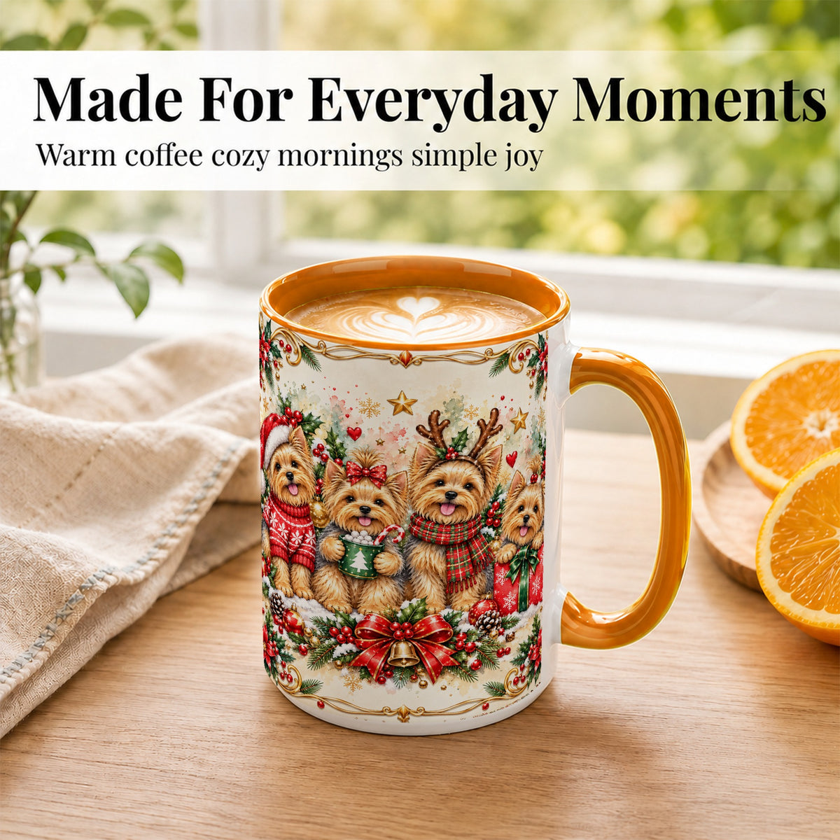 #pl[15oz|Orange] Christmas Yorkie Coffee Mug, Winter Puppy Mug, Ceramic Cup