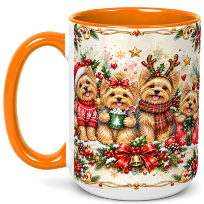 #pl[15oz|Orange] Christmas Yorkie Coffee Mug, Winter Puppy Mug, Ceramic Cup