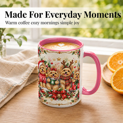 #pl[15oz|Pink] Christmas Yorkie Coffee Mug, Winter Puppy Mug, Ceramic Cup