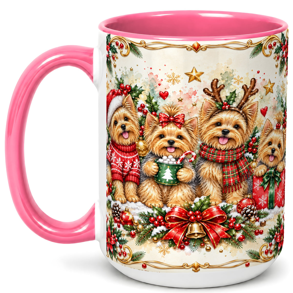 #pl[15oz|Pink] Christmas Yorkie Coffee Mug, Winter Puppy Mug, Ceramic Cup