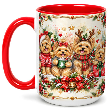 #pl[15oz|Red] Christmas Yorkie Coffee Mug, Winter Puppy Mug, Ceramic Cup