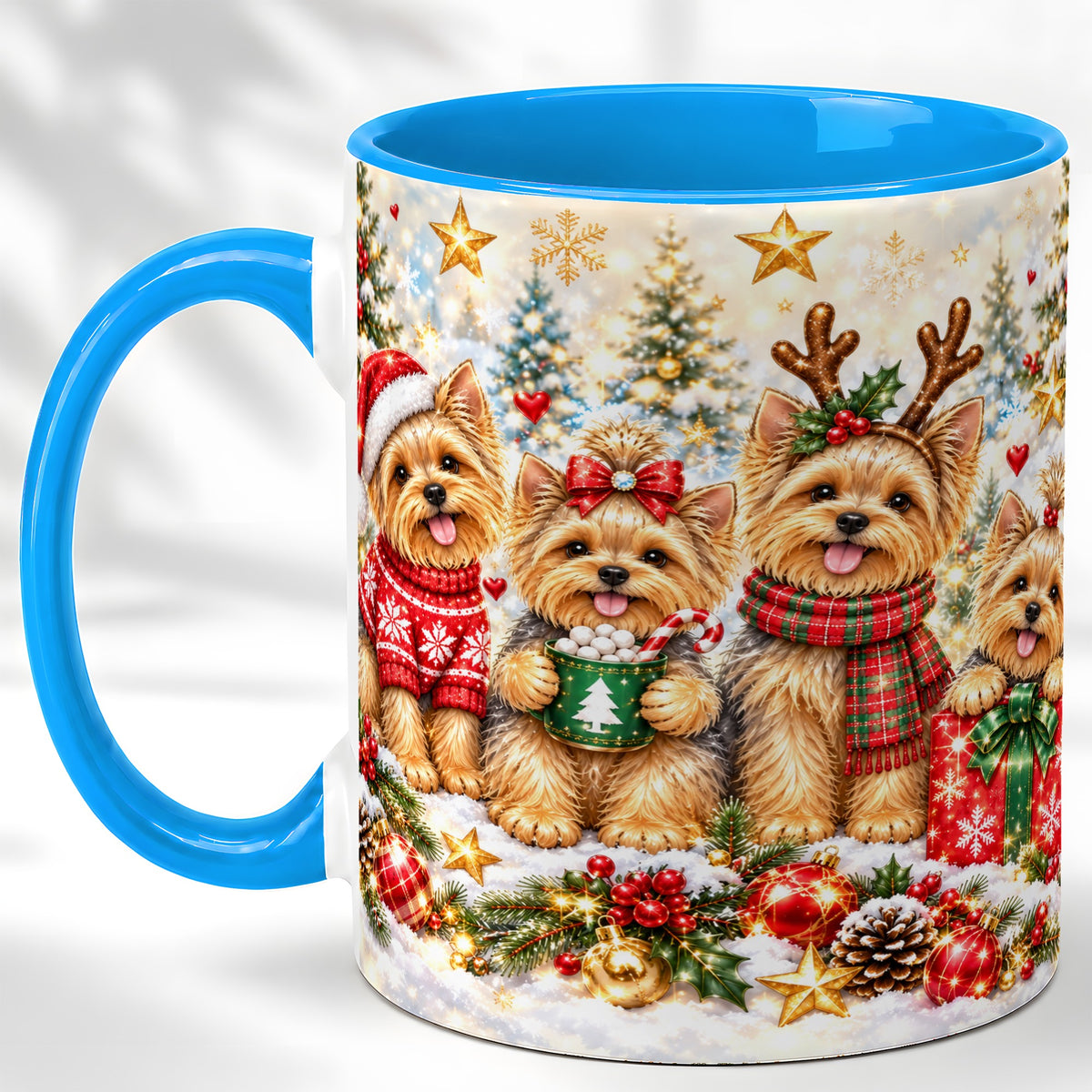 #pl[11oz|Blue] Christmas Yorkie Coffee Mug, Yorkshire Terrier Mug, Ceramic Cup