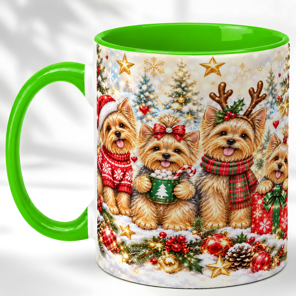 #pl[11oz|Green] Christmas Yorkie Coffee Mug, Yorkshire Terrier Mug, Ceramic Cup