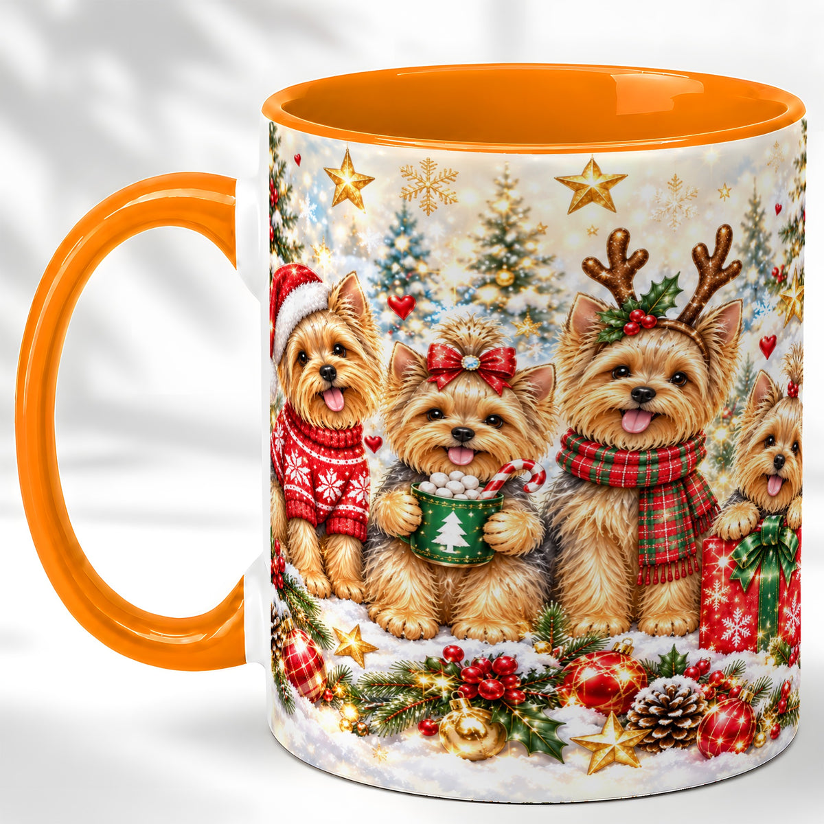#pl[11oz|Orange] Christmas Yorkie Coffee Mug, Yorkshire Terrier Mug, Ceramic Cup