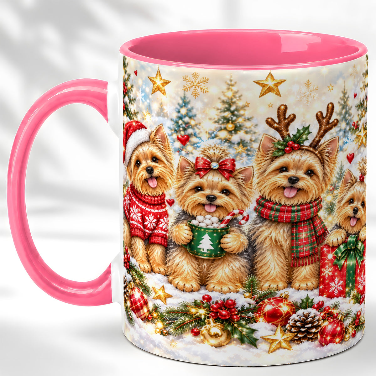 #pl[11oz|Pink] Christmas Yorkie Coffee Mug, Yorkshire Terrier Mug, Ceramic Cup