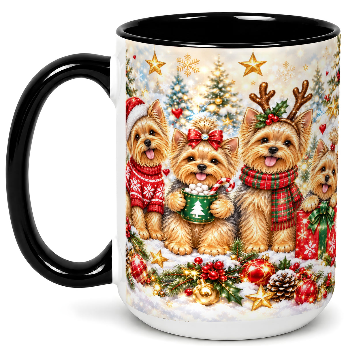 #pl[15oz|Black] Christmas Yorkie Coffee Mug, Yorkshire Terrier Mug, Ceramic Cup