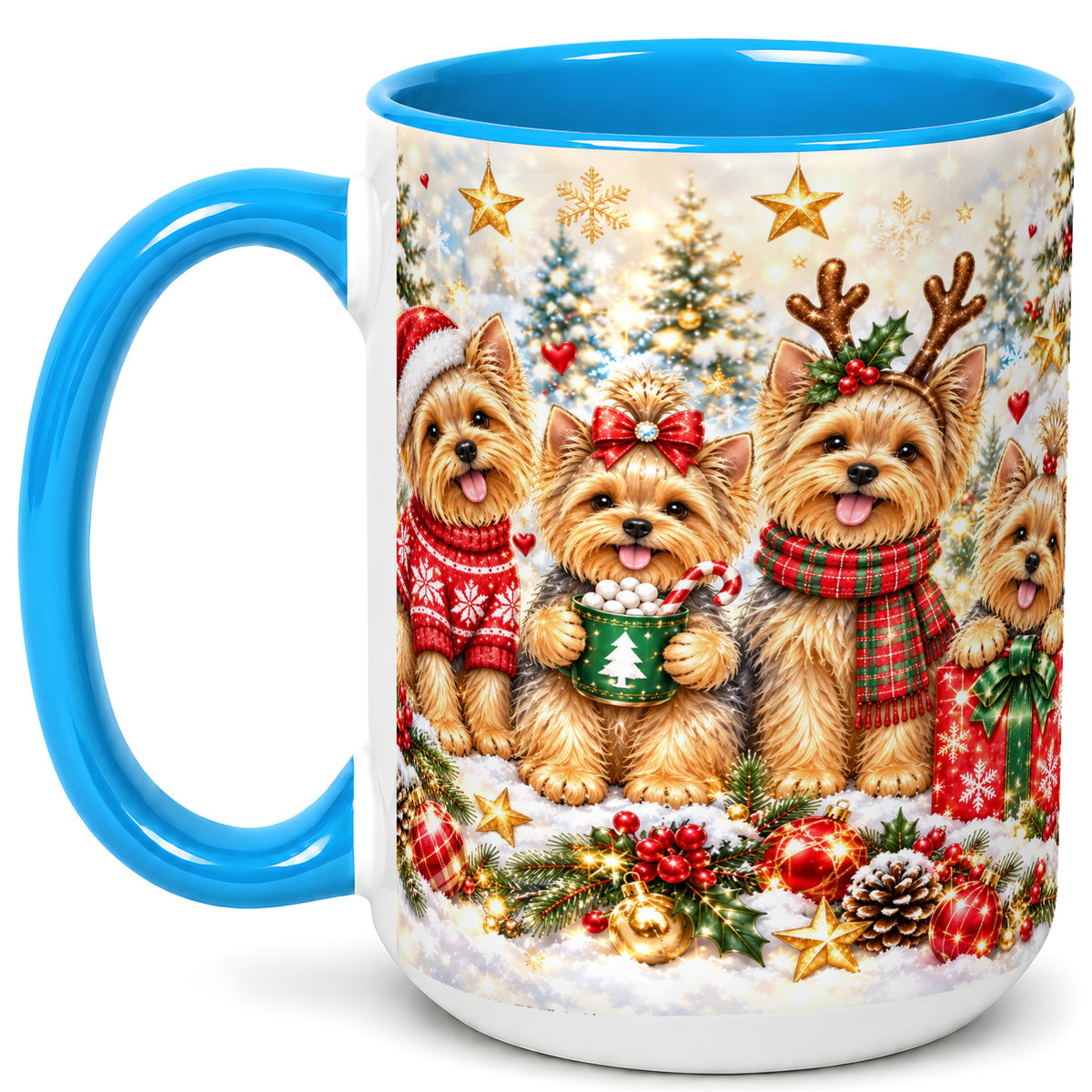#pl[15oz|Blue] Christmas Yorkie Coffee Mug, Yorkshire Terrier Mug, Ceramic Cup