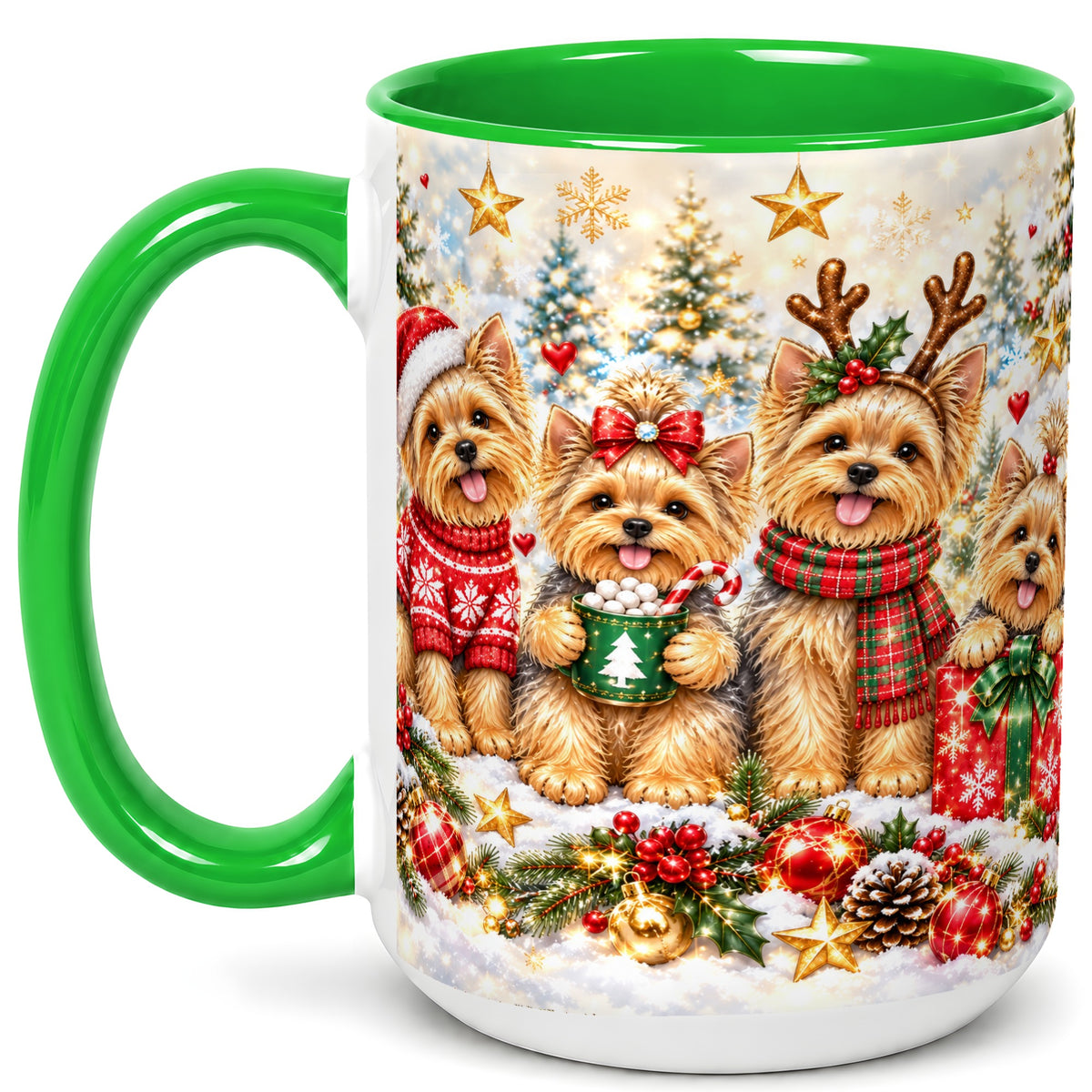 #pl[15oz|Green] Christmas Yorkie Coffee Mug, Yorkshire Terrier Mug, Ceramic Cup
