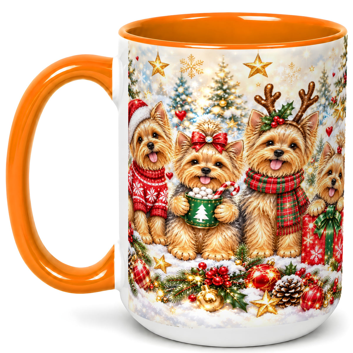 #pl[15oz|Orange] Christmas Yorkie Coffee Mug, Yorkshire Terrier Mug, Ceramic Cup