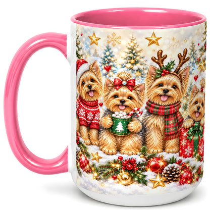 #pl[15oz|Pink] Christmas Yorkie Coffee Mug, Yorkshire Terrier Mug, Ceramic Cup