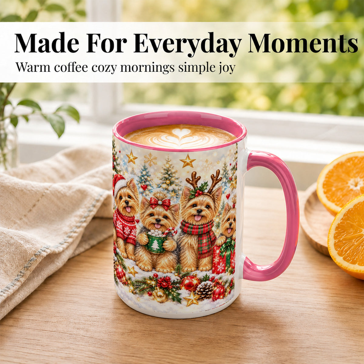 #pl[15oz|Pink] Christmas Yorkie Coffee Mug, Yorkshire Terrier Mug, Ceramic Cup