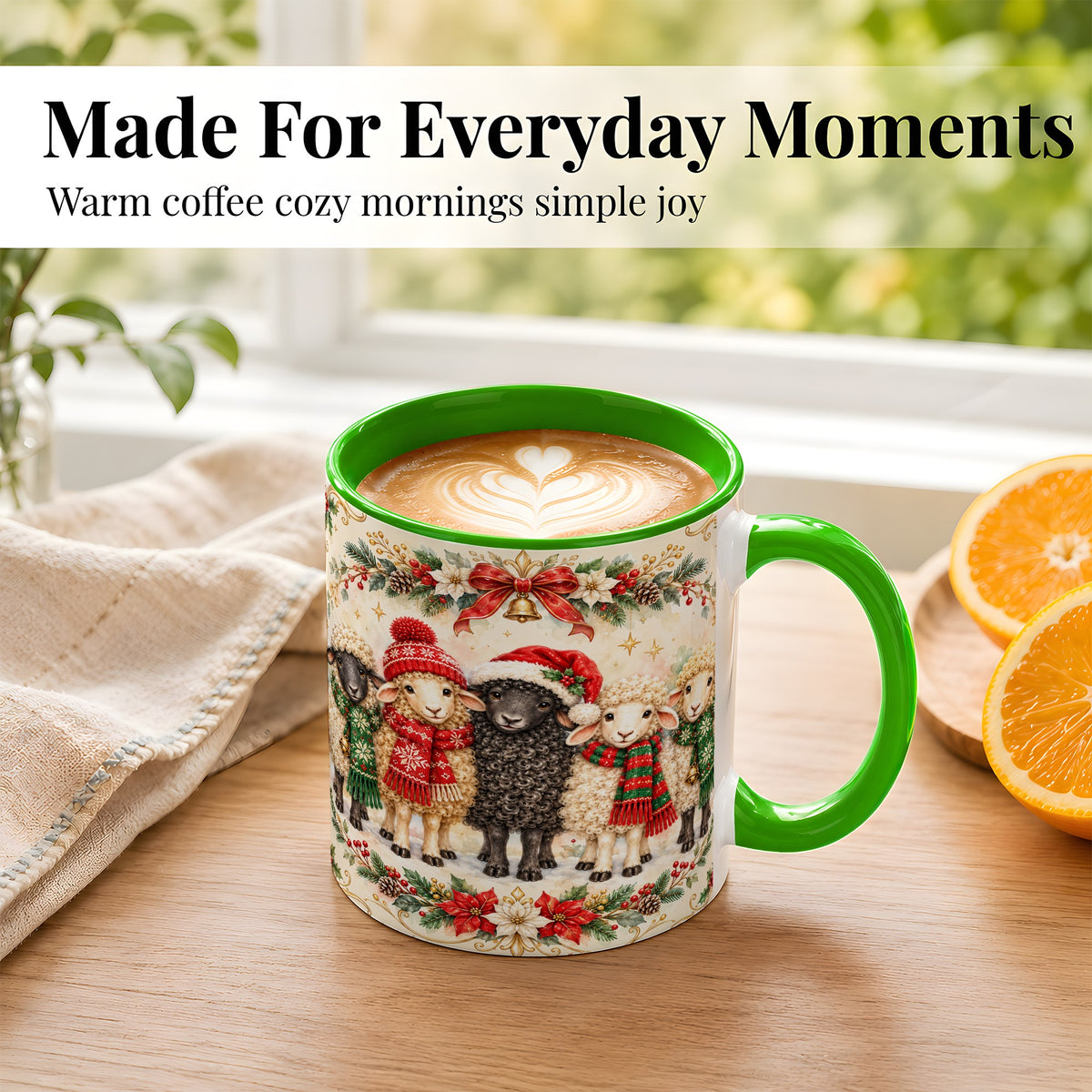 #pl[11oz|Green] Christmas Sheep Coffee Mug, Festive Lamb Mug, Ceramic Cup