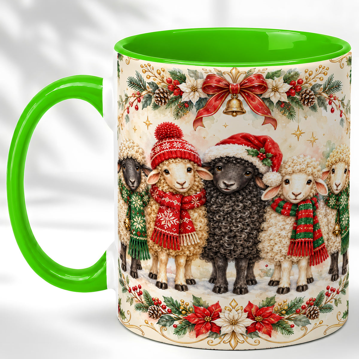 #pl[11oz|Green] Christmas Sheep Coffee Mug, Festive Lamb Mug, Ceramic Cup
