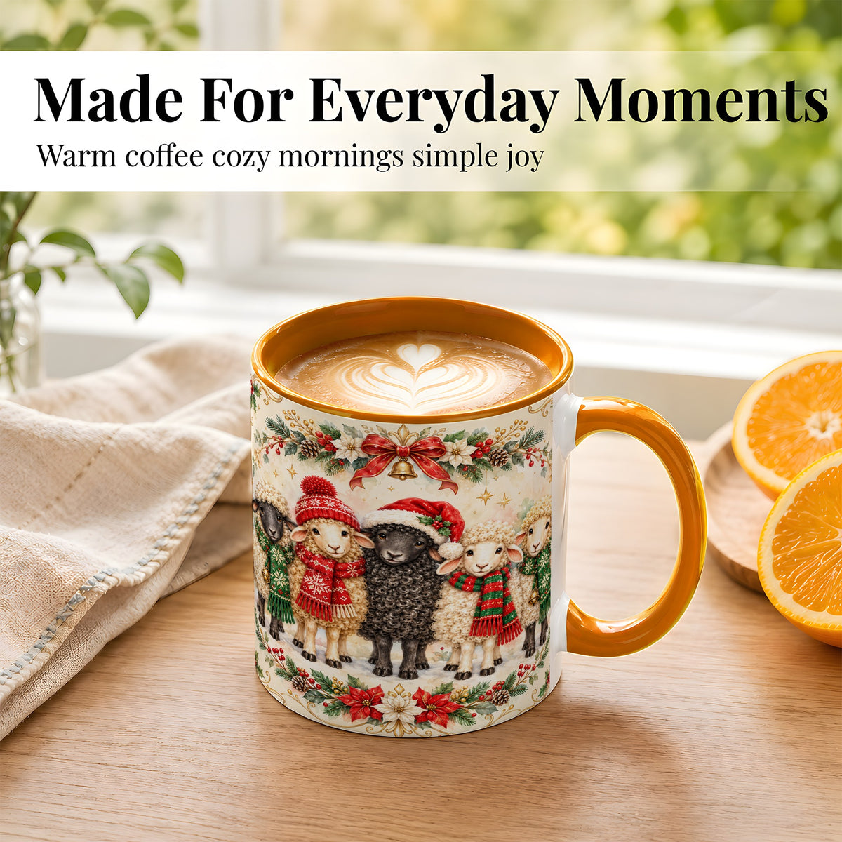 #pl[11oz|Orange] Christmas Sheep Coffee Mug, Festive Lamb Mug, Ceramic Cup