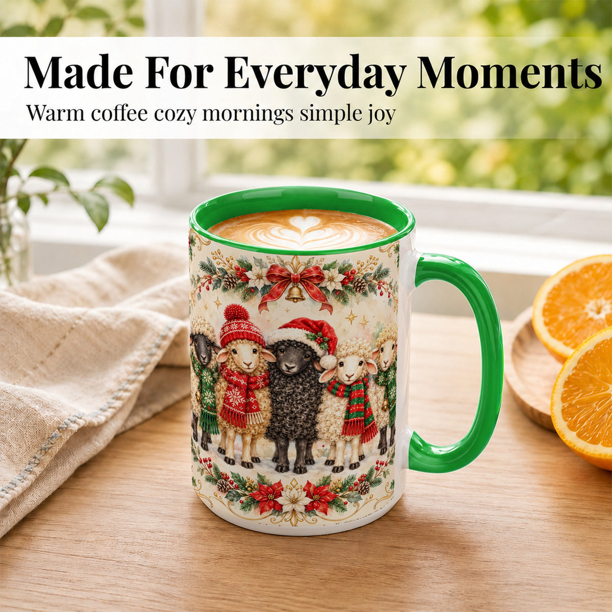 #pl[15oz|Green] Christmas Sheep Coffee Mug, Festive Lamb Mug, Ceramic Cup