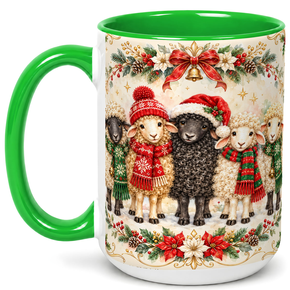 #pl[15oz|Green] Christmas Sheep Coffee Mug, Festive Lamb Mug, Ceramic Cup