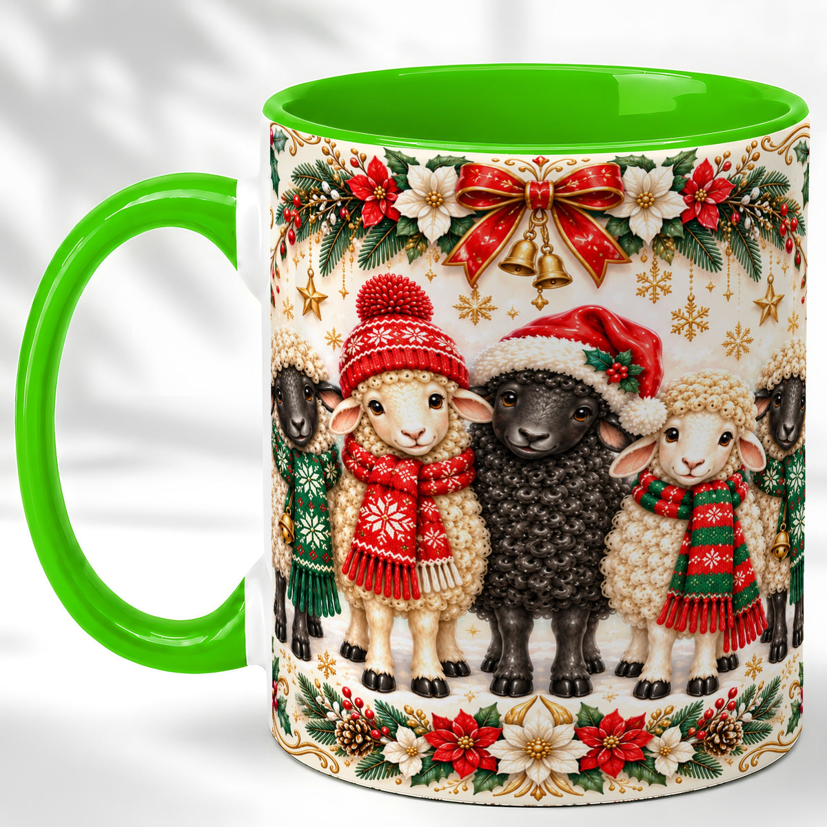 #pl[11oz|Green] Christmas Sheep Coffee Mug, Santa Lamb Mug, Ceramic Cup