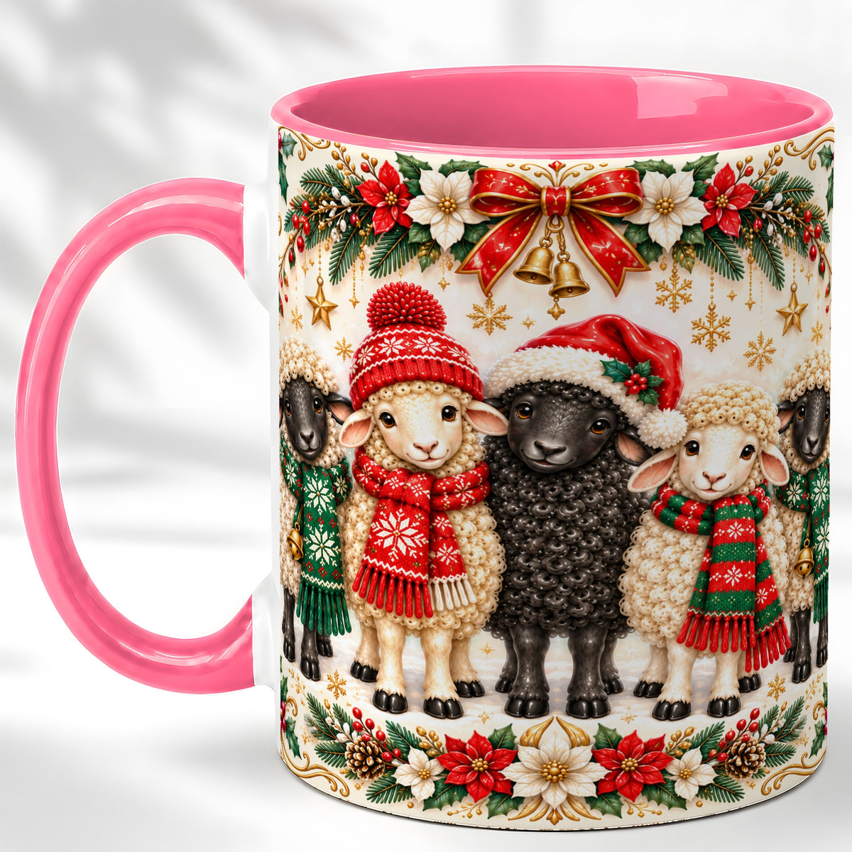 #pl[11oz|Pink] Christmas Sheep Coffee Mug, Santa Lamb Mug, Ceramic Cup