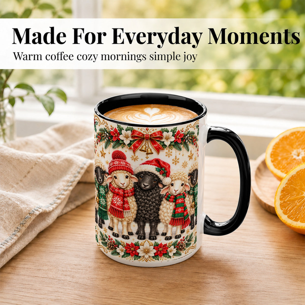 #pl[15oz|Black] Christmas Sheep Coffee Mug, Santa Lamb Mug, Ceramic Cup