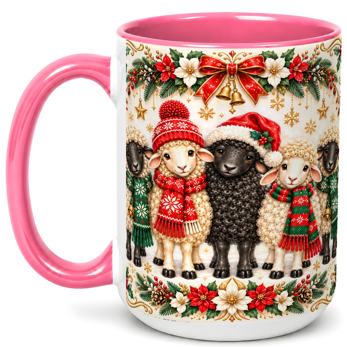 #pl[15oz|Pink] Christmas Sheep Coffee Mug, Santa Lamb Mug, Ceramic Cup