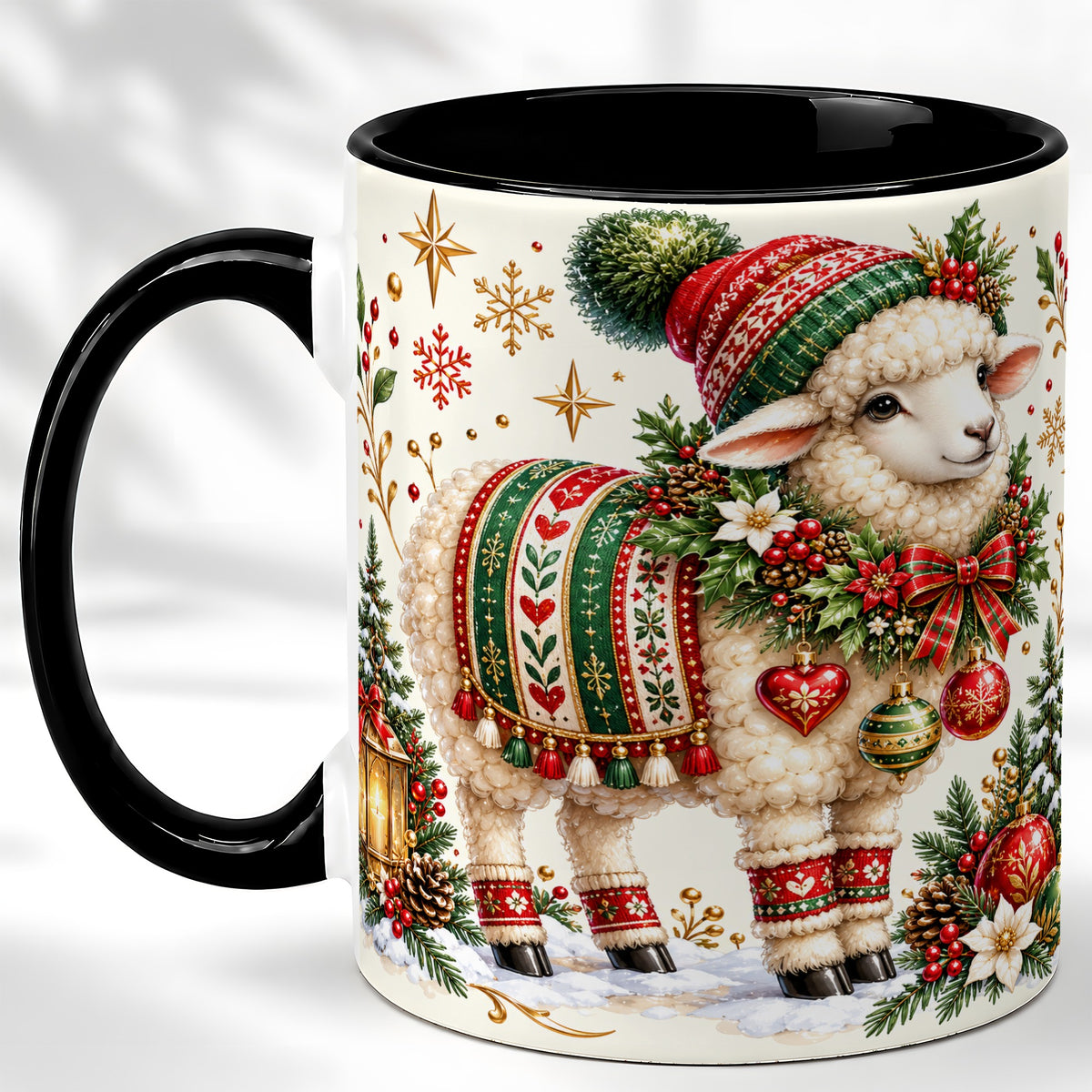 #pl[11oz|Black] Christmas Lamb Coffee Mug, Cozy Winter Sheep Mug, Ceramic Cup