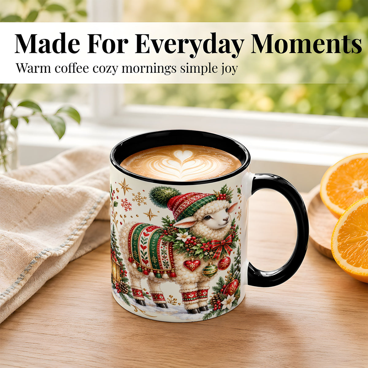 #pl[11oz|Black] Christmas Lamb Coffee Mug, Cozy Winter Sheep Mug, Ceramic Cup