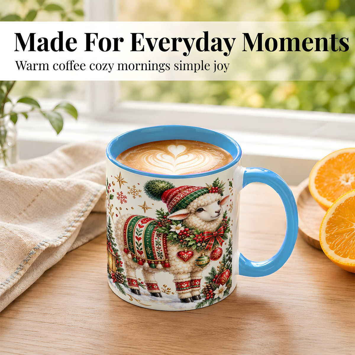 #pl[11oz|Blue] Christmas Lamb Coffee Mug, Cozy Winter Sheep Mug, Ceramic Cup