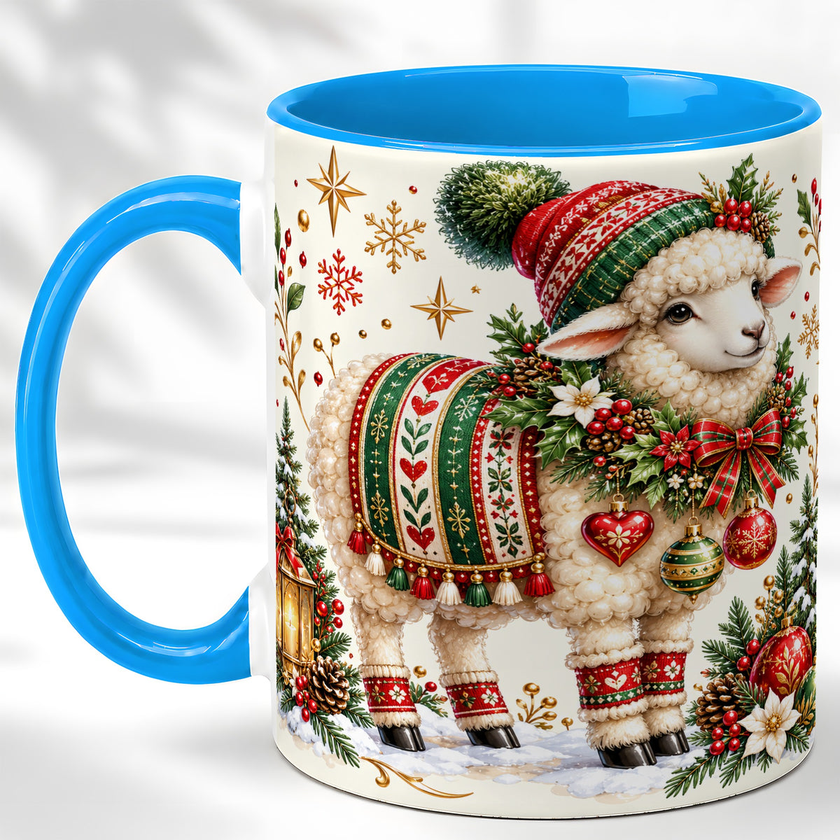 #pl[11oz|Blue] Christmas Lamb Coffee Mug, Cozy Winter Sheep Mug, Ceramic Cup