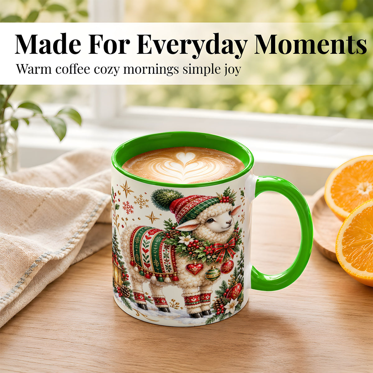 #pl[11oz|Green] Christmas Lamb Coffee Mug, Cozy Winter Sheep Mug, Ceramic Cup