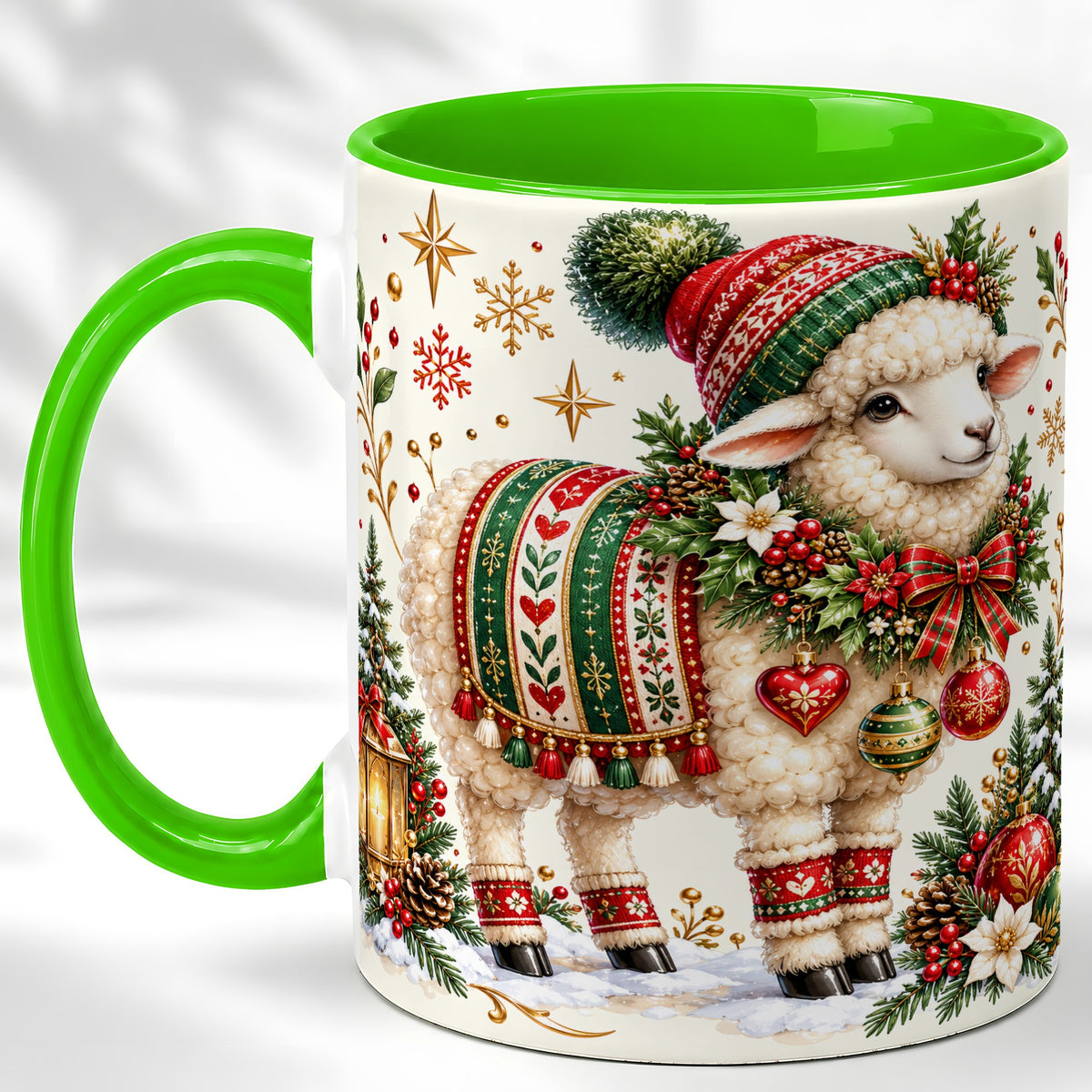 #pl[11oz|Green] Christmas Lamb Coffee Mug, Cozy Winter Sheep Mug, Ceramic Cup