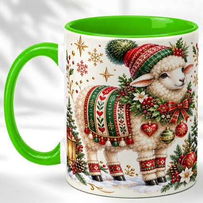#pl[11oz|Green] Christmas Lamb Coffee Mug, Cozy Winter Sheep Mug, Ceramic Cup