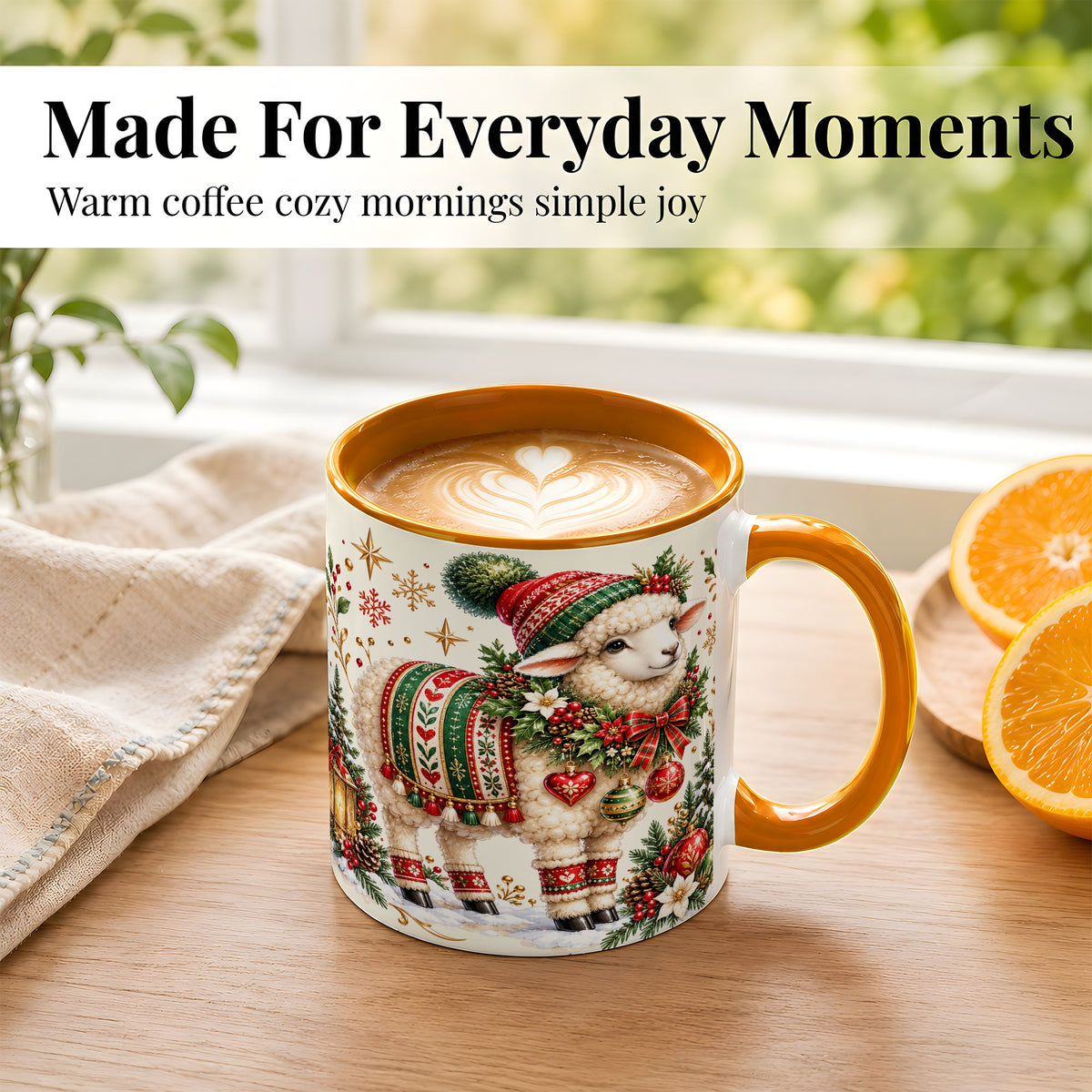 #pl[11oz|Orange] Christmas Lamb Coffee Mug, Cozy Winter Sheep Mug, Ceramic Cup