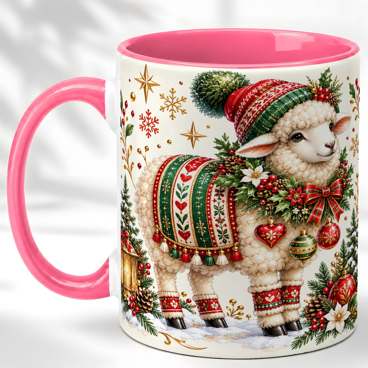#pl[11oz|Pink] Christmas Lamb Coffee Mug, Cozy Winter Sheep Mug, Ceramic Cup