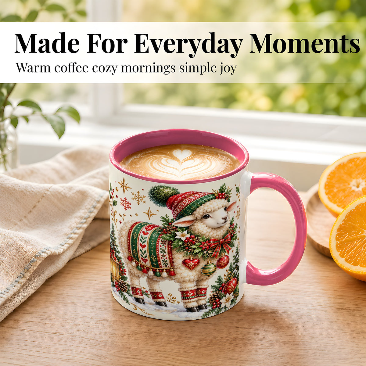 #pl[11oz|Pink] Christmas Lamb Coffee Mug, Cozy Winter Sheep Mug, Ceramic Cup
