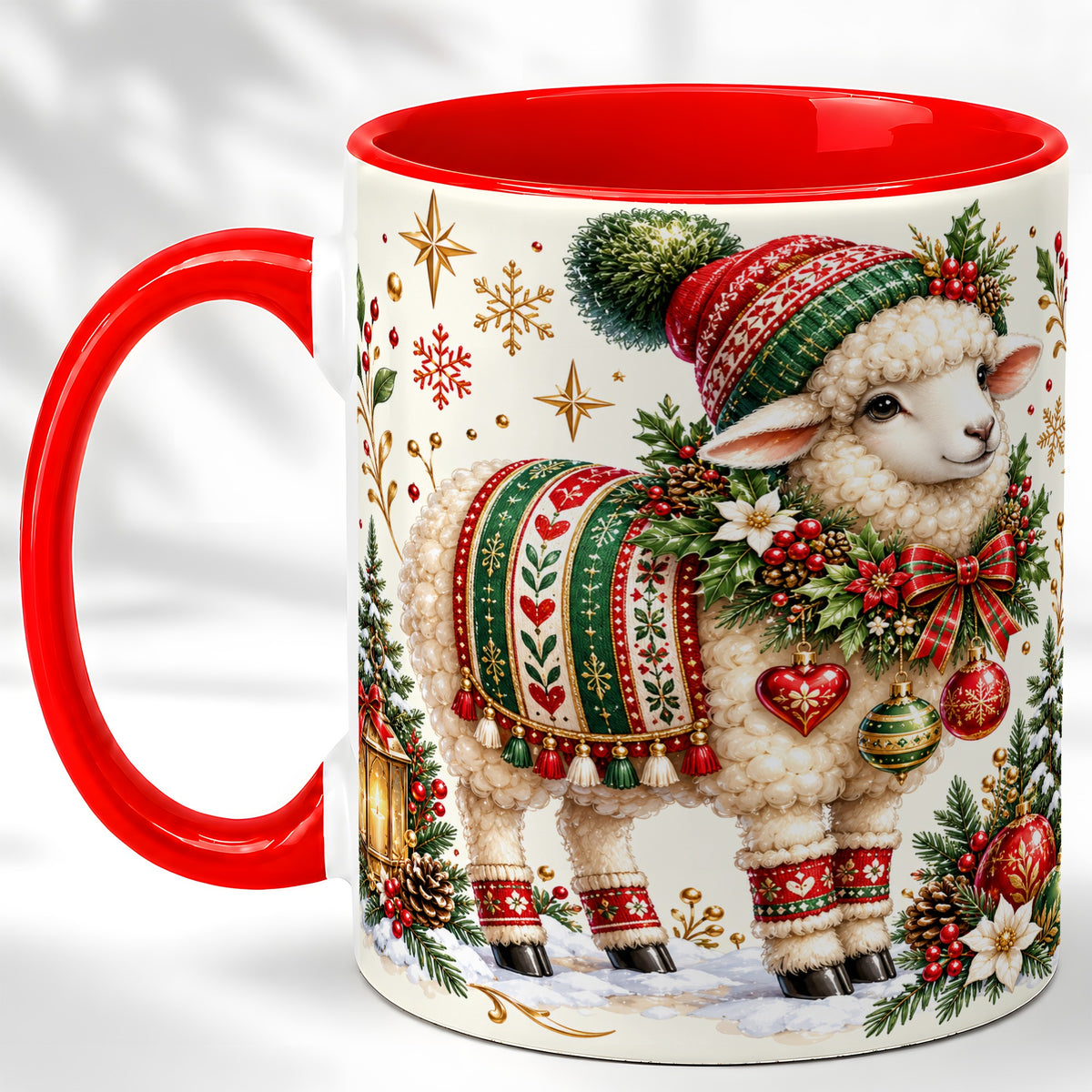 Christmas Lamb Coffee Mug, Cozy Winter Sheep Mug, Ceramic Cup