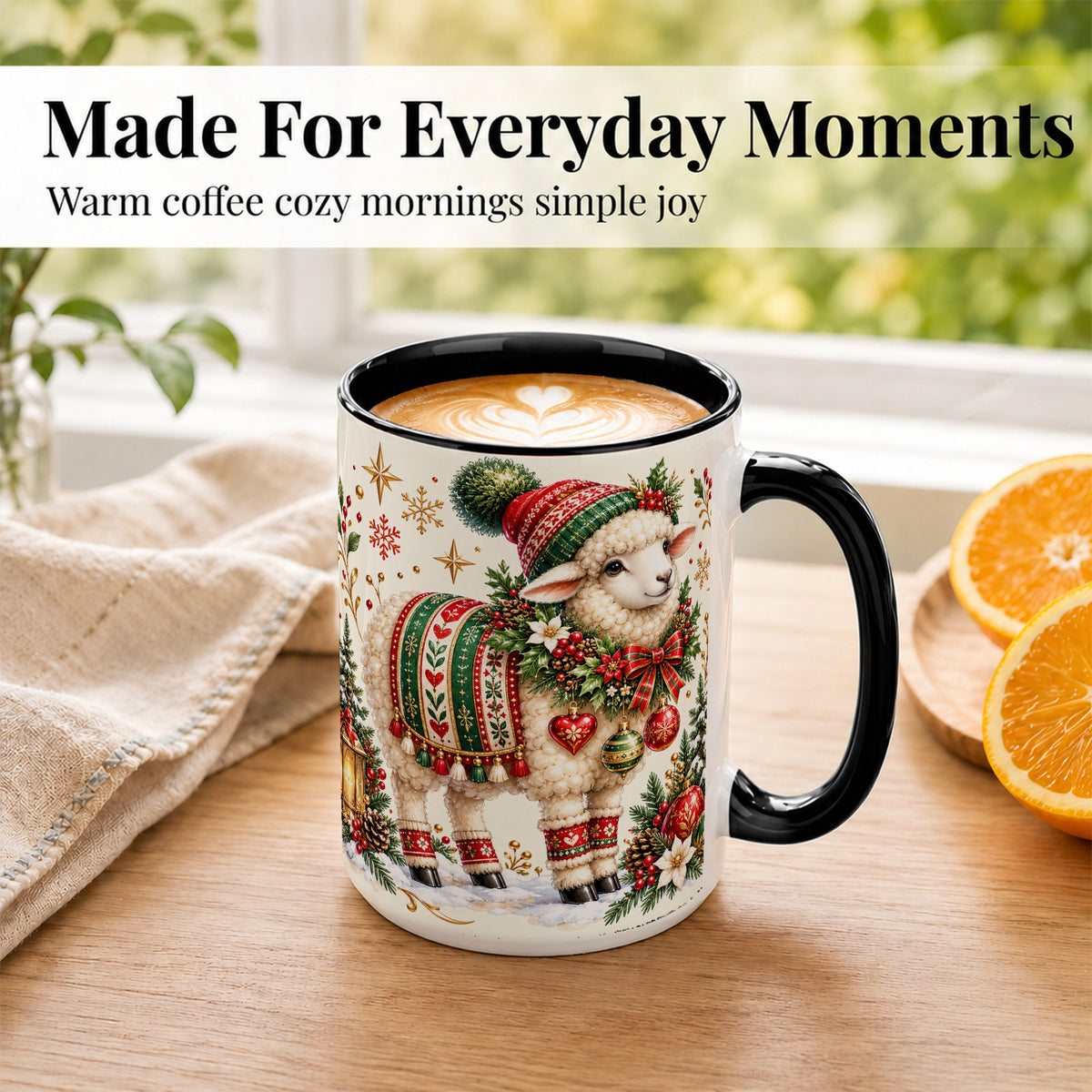 #pl[15oz|Black] Christmas Lamb Coffee Mug, Cozy Winter Sheep Mug, Ceramic Cup