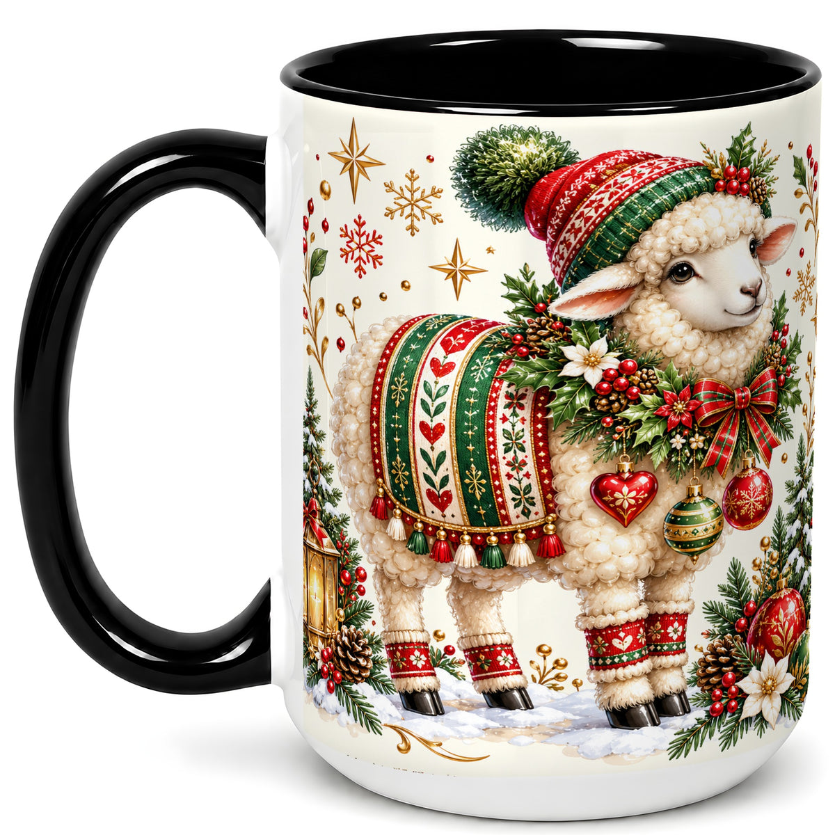 #pl[15oz|Black] Christmas Lamb Coffee Mug, Cozy Winter Sheep Mug, Ceramic Cup