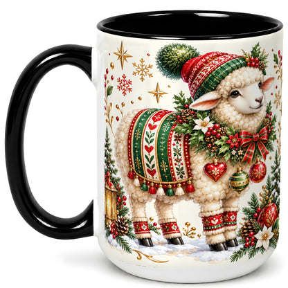 #pl[15oz|Black] Christmas Lamb Coffee Mug, Cozy Winter Sheep Mug, Ceramic Cup