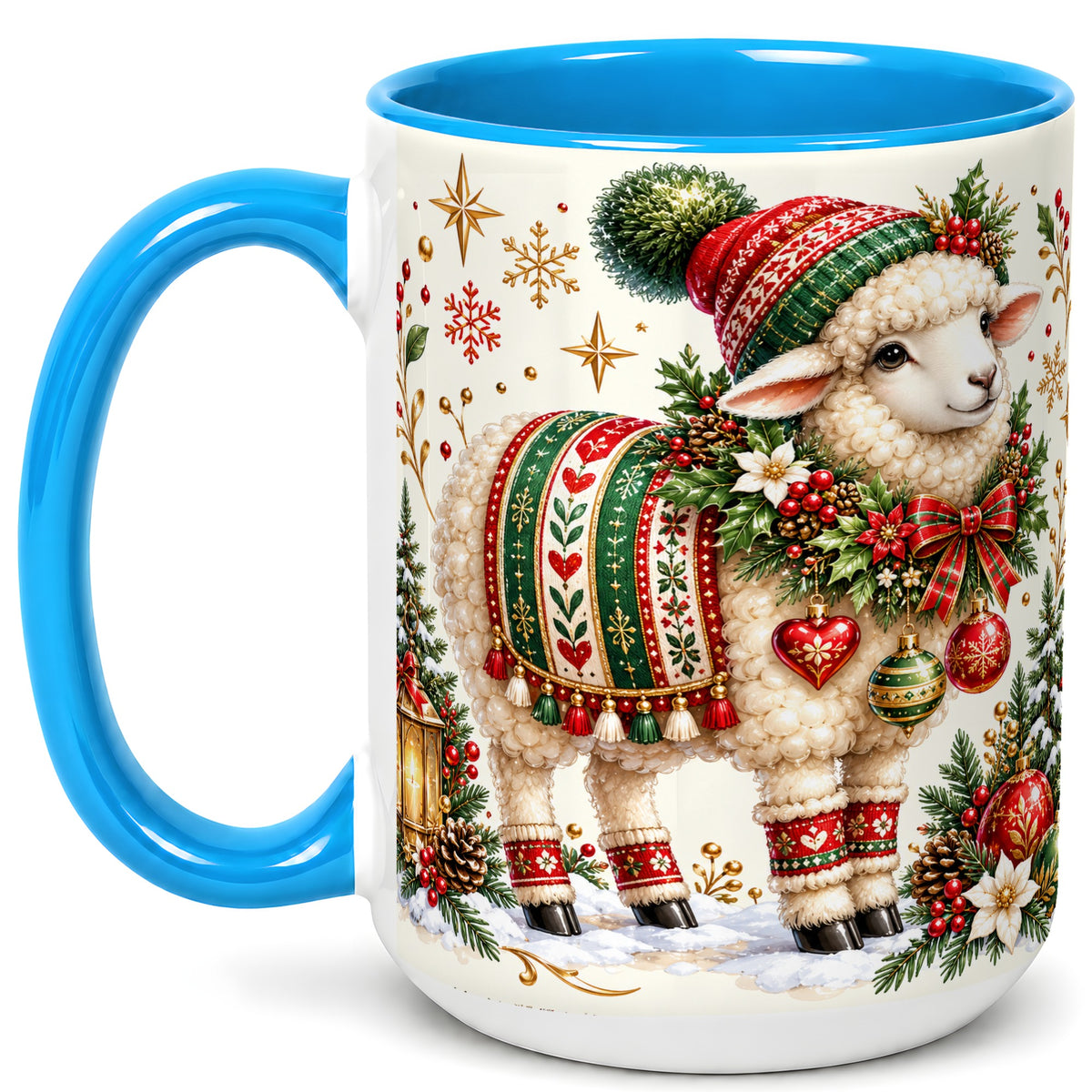 #pl[15oz|Blue] Christmas Lamb Coffee Mug, Cozy Winter Sheep Mug, Ceramic Cup
