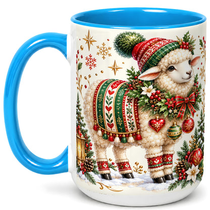 #pl[15oz|Blue] Christmas Lamb Coffee Mug, Cozy Winter Sheep Mug, Ceramic Cup