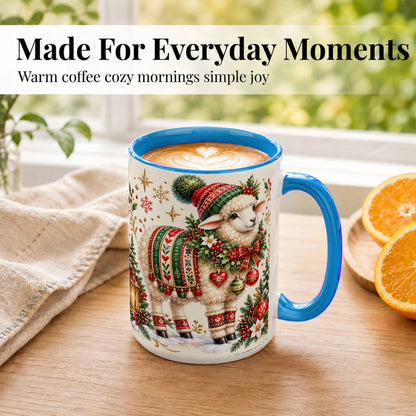 #pl[15oz|Blue] Christmas Lamb Coffee Mug, Cozy Winter Sheep Mug, Ceramic Cup