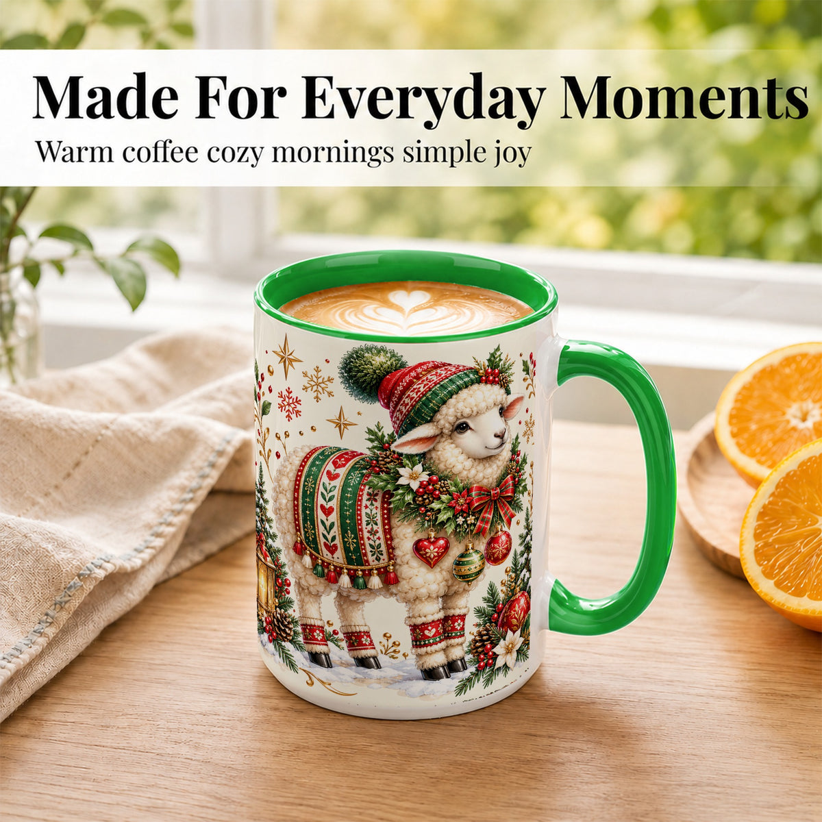 #pl[15oz|Green] Christmas Lamb Coffee Mug, Cozy Winter Sheep Mug, Ceramic Cup