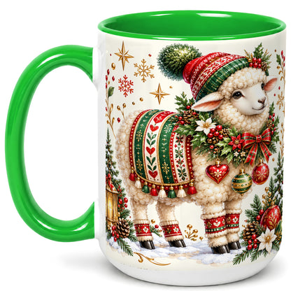 #pl[15oz|Green] Christmas Lamb Coffee Mug, Cozy Winter Sheep Mug, Ceramic Cup