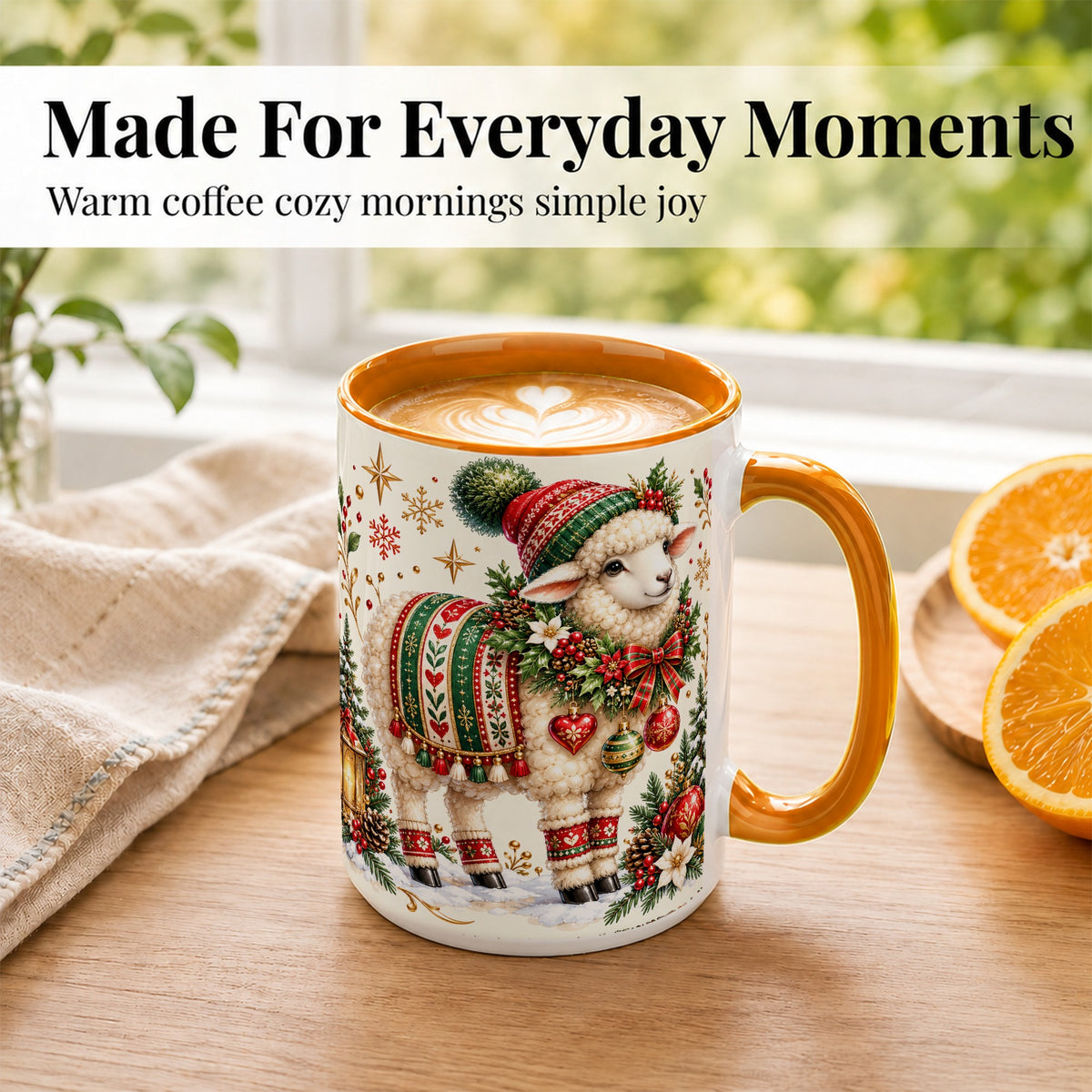 #pl[15oz|Orange] Christmas Lamb Coffee Mug, Cozy Winter Sheep Mug, Ceramic Cup