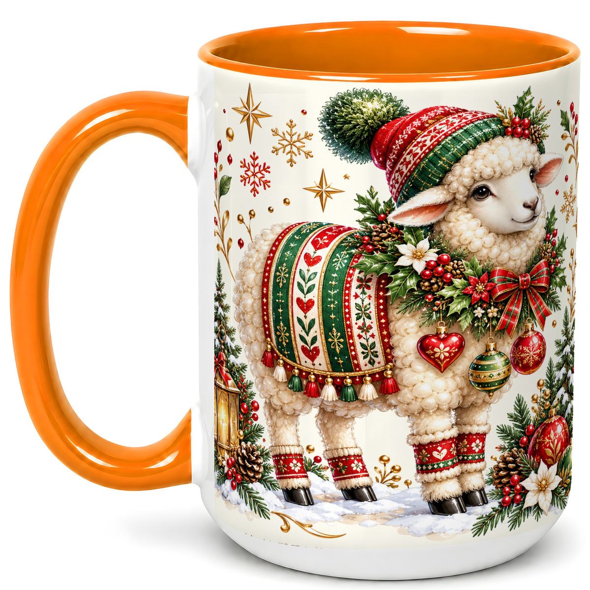 #pl[15oz|Orange] Christmas Lamb Coffee Mug, Cozy Winter Sheep Mug, Ceramic Cup